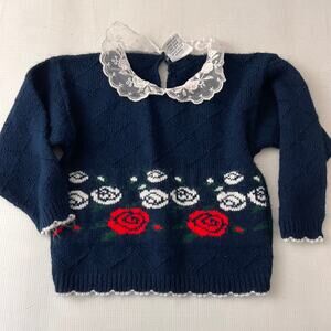 Vintage Hot Fudge Blue Sweater Floral Peter Pant Collar Girls Size 3 or 4 ?